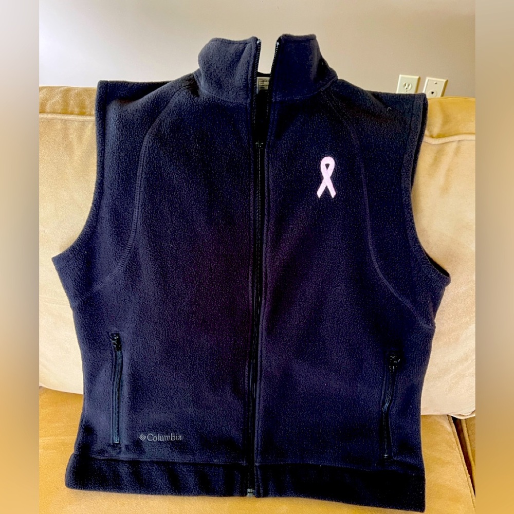 Colombia black fleece vest with pink breast cancer logo